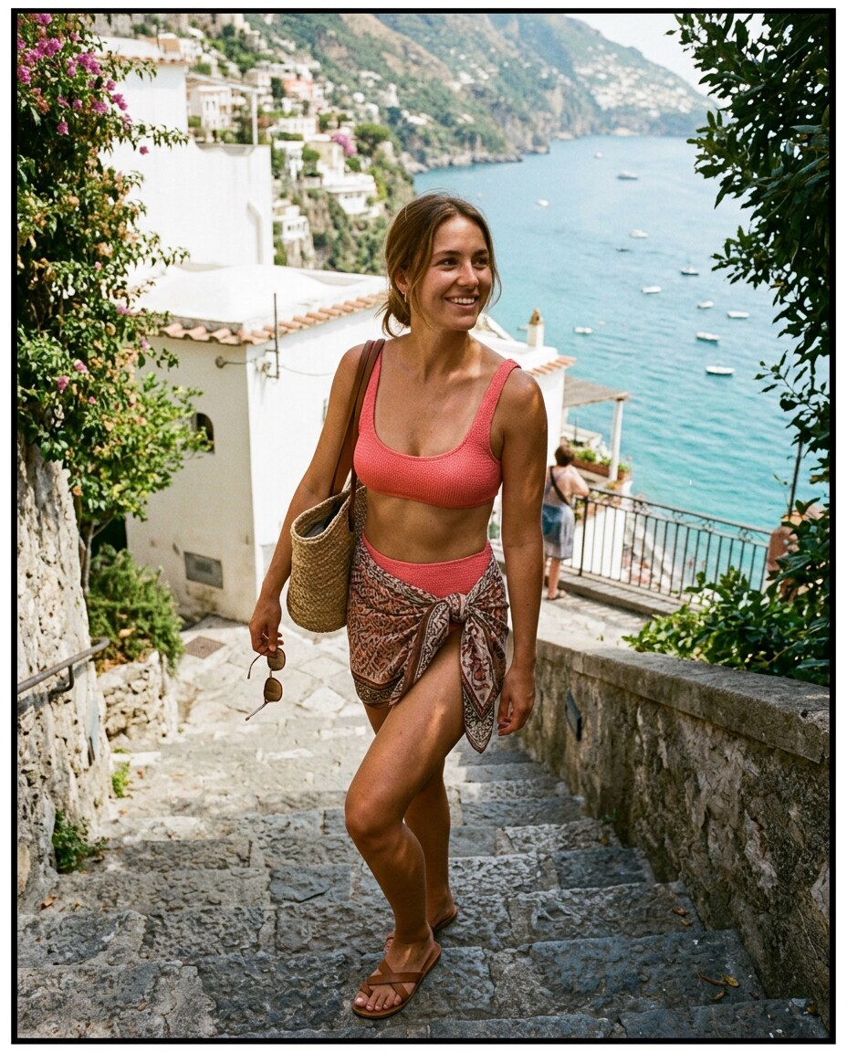 Amalfi Sunsteps: Walking up warm stone steps above the harbor.