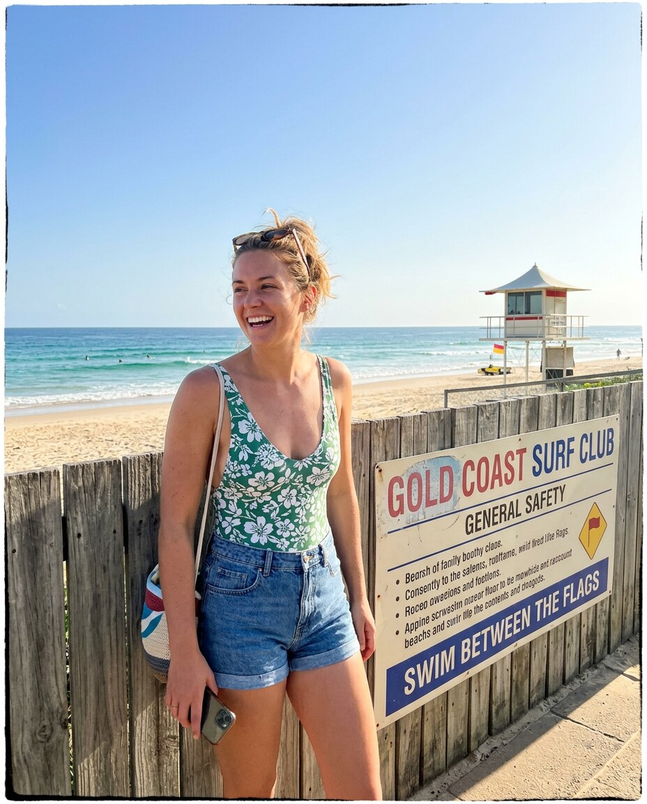 Gold Coast Surf Break: Pausing near the surf club fence.